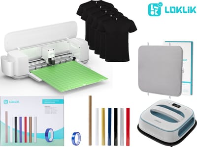 Loklik iCraft™ – Voordeel Textiel Bedrukkings Pakket – Daisy White – LOKLiK Easy Heat Press - Denim Blue - Heat Press Mat 38.1 x 38.1 cm - 3 x Teflon Sheets - Heat-resistant Tape – 6 vellen Flexfolie Mix – 5 Zwarte Roly Dogo Beagle T-shirts mix Size.