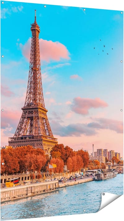 Gards Tuinposter Eiffeltoren in Parijs aan het Water - 120x180 cm - Tuindoek - Tuindecoratie - Wanddecoratie buiten - Tuinschilderij