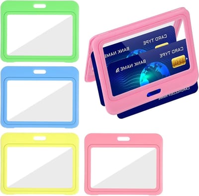 Set van 4 ID Kaart Houder van Hard Plastic, Bescherming voor Identiteitskaarten, Stempelkaarten en Toegangskaarten in Lichtblauw, Fluorescent Groen, Geel en Roze