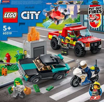LEGO® City Brandweer & Politie achtervolging 60319 bouwset voor kinderen vanaf 5 jaar; een brandweerpick-up met een drone, politiemotor, boevenvoertuig, verkeerslicht en vlammen, plus 3 minifiguren (295 onderdelen)