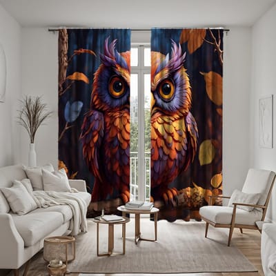 2 stuks set HD Uil in het bos decoratief gordijn Kleur tie digitaal bedrukt gordijn Woondecoratie stijl Decoratie woonka W52H63inchW132H160cm brown