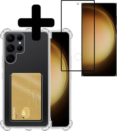 Hoesje - Geschikt voor Samsung Galaxy S23 Ultra - Met Screenprotector - En Pashouder - En Kaarthouder - Telefoon Hoes Shockproof - Siliconen Case - Back Cover - Shock Proof - Pasjes Houder - Telefoonhoesjes - Transparant