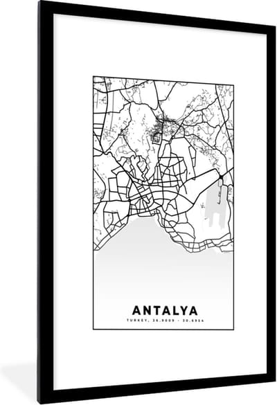 Fotolijst incl. Poster Zwart Wit- Antalya - Stadskaart - Plattegrond - Zwart Wit - Kaart - 60x90 cm - Posterlijst
