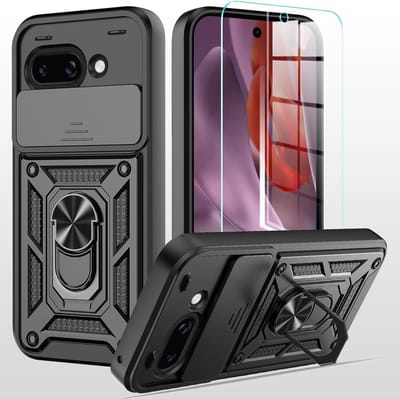 Casemania Hoesje en Glas Compatibel met Google Pixel 9a - Zwart - Armor met Kickstand Ring met Camera Bescherming + 2x Glazen Screenprotector