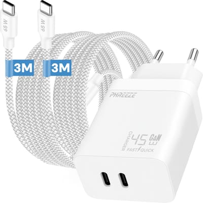 Phreeze usb C charger 45 W - Snellader met 2x usb C kabels 3m - Power Delivery adapter voor smartphone en laptop