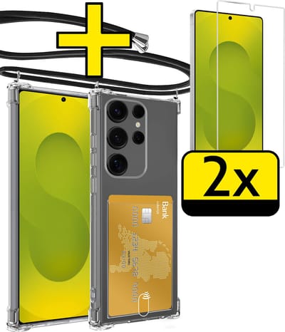 Hoesje Geschikt voor Samsung S25 Ultra Telefoonhoesje Met Koord Case Pashouder Met 2x Screenprotector Siliconen - Hoes Geschikt voor Samsung Galaxy S25 Ultra Hoesje Met Kaarthouder - Transparant