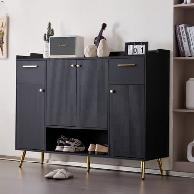 Wishdor - Schoenenkast - 2 Laden En 4 Deuren - Modern - Voor Hal Of Slaapkamer - Spaanplaat - Zwart - 130 x 37 x 100 cm
