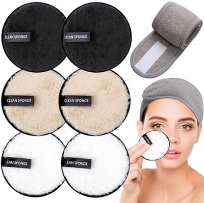 Herbruikbare make-up remover pads set van 7 - Dubbelzijdige microvezel en katoenen gezichtspads met hoofdband - Wasbaar en duurzaam