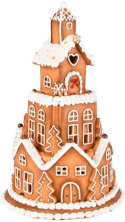 Dekoratief | Toren peperkoekenhuisjes, bruin/wit, resina, LED, 15x15x23cm | A255751