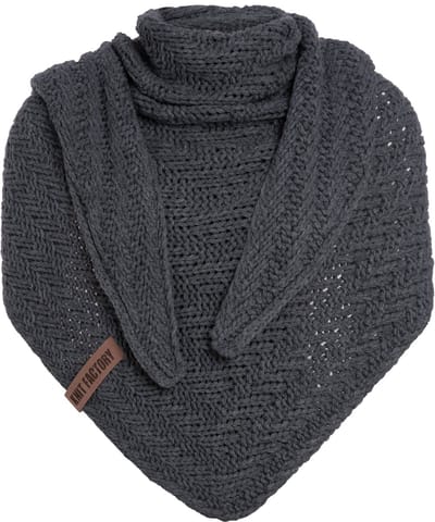 Knit Factory Sally Gebreide Omslagdoek - Driehoek Sjaal Dames - Dames sjaal - Wintersjaal - Stola - Wollen sjaal - Donkergrijze sjaal - Antraciet - 220x85 cm - Grof gebreid