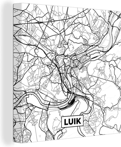 Canvas Schilderij Zwart Wit – België – Plattegrond – Stadskaart – Kaart – Luik - 20x20 cm - Wanddecoratie