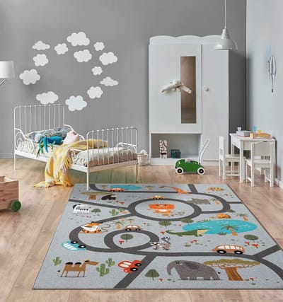 the carpet Happy Life Kinderkamer, kindertapijt, speeltapijt, wasbaar, dieren, jungle, auto, grijs met safari motief 160 x 220 cm