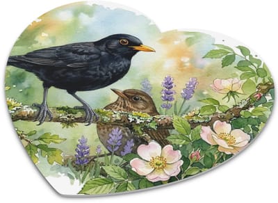 Hartvormige "Aquarel Series" Muismat Merel Koppel in de Tuin met Bloemen - Bureaumat met Zingende Zwarte Vogel Waterverf Illustratie voor Thuiswerkplek - Lieve Vogels Cadeau voor haar: Vrouw,Vriendin & Collega - Romantisch Natuur Geschenk