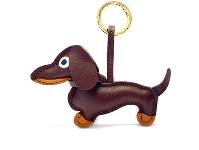 Sleutelhanger/tashanger teckel donker bruin met ring goud