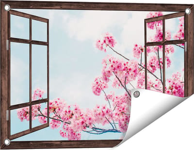 Gards Tuinposter Doorkijk Roze Bloesemboom - Bloemen - 60x40 cm - Tuindoek - Tuindecoratie - Wanddecoratie buiten - Tuinschilderij