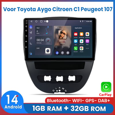 Awesafe Carplay Autoradio Geschikt Voor Toyota Aygo/PEUGEOT 107/Citroen C1 2005-2014 - Android 14 - Draadloos Apple Carplay & Android Auto - 1GB + 32GB - 4 Core processor - Bluetooth & Wifi GPS Navigatie