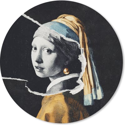 Muismat rond 20x20 cm - Mousepad Meisje met de parel - Goud - Zwart - Wit - Ronde muismatten