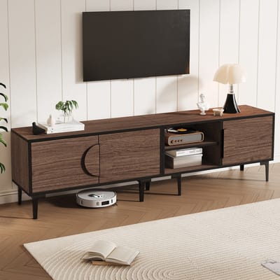 STILVORA TV-Meubel - Lowboard 3 Deuren En 2 Open Vakken - Zwart Frame Met Donkerbruin Houtnerf - 7 PVC-Poten, 45 Kg Draagkracht - Spaanplaat - 180x35x49 cm