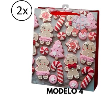 Gerimport Kerst cadeau tasje - 2x - 42 cm - peperkoek mannetje en vrouwtje - inpakken - kerstcadeaus - cadeautas