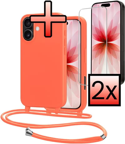 Hoes Geschikt voor iPhone 17 Met Telefoonkoord Met 2x Screenprotector - Siliconen Hoesje Backcover Met Ketting - Papaya