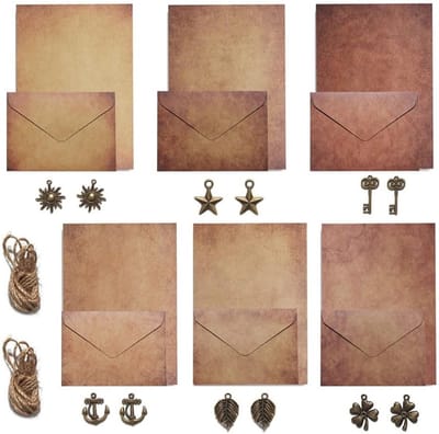 Vintage briefpapier en enveloppen set met antieke uitstraling, 24 kraft papieren en accessoires voor creatief gebruik