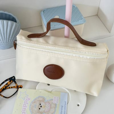 Nouveau Sac à Cosmétiques en Nylon avec Étiquette en Cuir Léger Portable Trousse de Toilette Mode Organisateur de Maquillage de Voyage pour Femmes Hommes beige