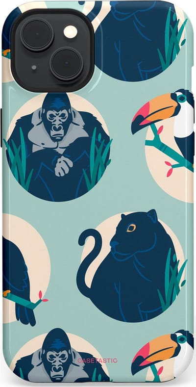 Casetastic hoesje geschikt voor Apple iPhone 15 Plus - MagSafe - Dubbellaagse bescherming - Wilde Dieren Mix - Fashion Case - Lichtgrijs Donkerblauw Crème Donkergrijs