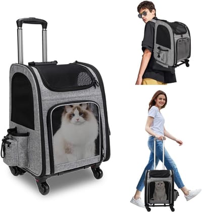 mumisuto Transportbox kat met wielen, 360° draaibaar, transportbox hond met tassen, trolley-rugzak, draagbaar en ademend, voor kleine honden en middelgrote katten tot 15 kg