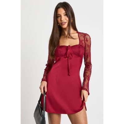 boohoo Dames Kanten mini-jurk met uitlopende mouwen | Burgundy | Maat: 14