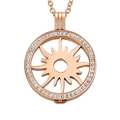 Quiges - Munthouder met Ketting en Munt 33mm Zon - RVS Roségoudkleurig met Zirkonia - ERHS581