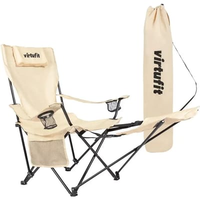 VirtuFit Opvouwbare Camping Stoel met Voetsteun - Strandstoel - Beige - Inclusief Draagtas, Bekerhouder en Opbergvak