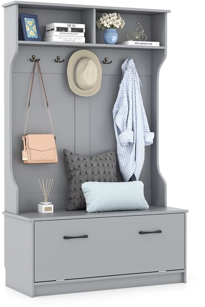 COSTWAY Kapstok met zitbank en 5 dubbele haken, garderobe met open vakken en schoenenkast, halgarderobe voor entree, slaapkamer (100 x 40 x 160 cm, grijs)