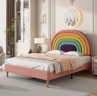 MEUNIQ Gestoffeerd bed 140 x 200 cm met verstelbaar hoofdbord, houten lattenbodem en zachte velours bekleding voor de slaapkamer, roze