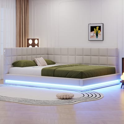 MIVRAY Slaapbank 160x200cm - Zonder Matras Met Led Verlichting En Usb Aansluiting - Met Lattenbodem - Linnen - Beige