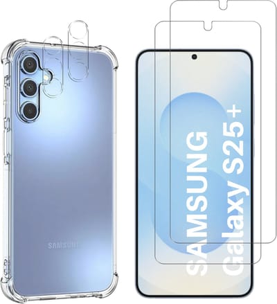 Hoesje geschikt voor Samsung Galaxy S25 Plus backcover Shockproof siliconen Transparant + 2 stuks Screenprotector Gehard Glas + 2 stuks Camera Protector