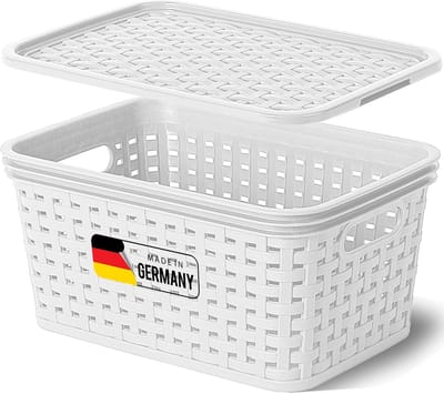 Novaliv opbergdoos met deksel Mini 2L mand wit in rotan design Voedselveilige opbergmand Stapelbare doos Nestbare kunststof BPA-vrije doos Stofbox met deksel
