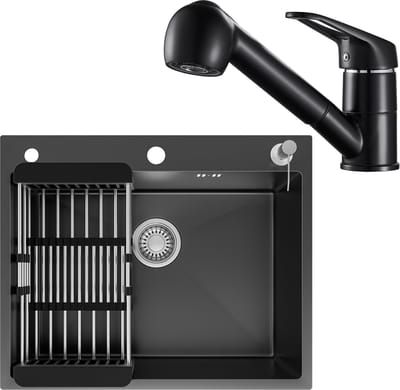 CECIPA max Spoelbak Keuken Antraciet 60x49CM - Met keukenkraan met uittrekbare uitloop - Inbouwspoelbak - Gootsteen RVS - Spoelbak Met Kraangat - Spoelbak Met Zeepdispenser - Verstelbaar Mandje