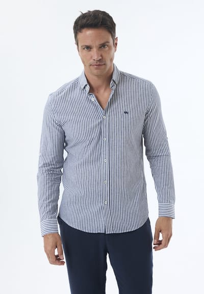 Jimmy Sanders Overhemd - Gestreept - Poplin Katoen Linnen - Lange Mouw Heren Navy - M