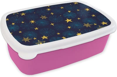 Broodtrommel Roze - Lunchbox - Brooddoos - Sterren - Sneeuw - Patronen - Kerst - 18x12x6 cm - Kinderen - Meisje
