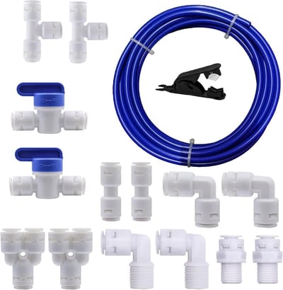 Universele 5 m waterfilter aansluitset met 14 onderdelen voor 1/4 inch slang, inclusief afsluitklep en buizensnijder, ideaal voor koelkast en waterfiltersystemen