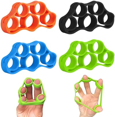 Vingertrainer — 4 stuks — Handgriptrainer — Siliconen vingerhoesjes — Vingerextender — Griptrainer — Voor het trainen van vingerspieren — Siliconen handknijper — Vingeroefenhulpmiddel — Weerstandsbanden voor vijf vingers — 7 x 7 x 3,8 cm
