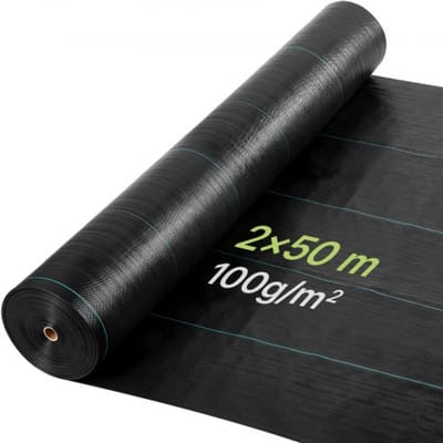VEVOR Onkruidbestrijdingsdoek 2x50 m Tuinvlies 100 g/m², Onkruidmat op rol van polypropyleen, Onkruidbestrijdingsfolie met hoge ventilatie en drainage, Wortelbarrière tegen onkruid voor kassen en boerderijen, Zwart