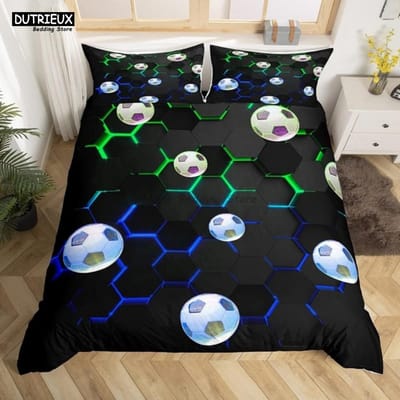 Wit Zwart Voetbal Beddengoed Set Balsporten Bedlinnen Dubbel Queen King Twin Volledige Maat Jongens Tieners Voetbal Dekbedovertrek Set Cadeaus AU Single(140x210cm)