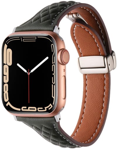 Leren bandje - geschikt voor Apple Watch 1/2/3/4/5/6/7/8/9/10/11/ SE (1,2,3) met maat 38 mm / 40 mm / 41 mm en 42 mm (Watch 10/11) - magneet sluiting met ruit patroon - donkergroen