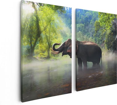 Artaza Canvas Schilderij Tweeluik Olifant In Het Water - 80x60 - Foto Op Canvas - Canvas Print