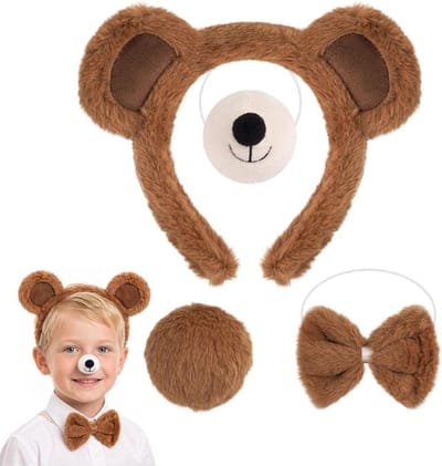 Schattig berenkostuum voor kinderen en volwassenen - vierdelige set met beenoren, hoofdband, neus, vlinderdas en staart voor Halloween, carnaval en themafeesten