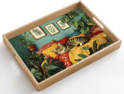 Dienblad hout 50x35 cm - Schootdienblad - Kat - Planten - Groen - Borrelplank rechthoek - Plateau dienbladen