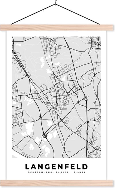 Posterhanger incl. Poster 40x60 cm - Schoolplaat - Langenfeld - Stadskaart - Plattegrond - Duitsland - Kaart - Textielposter - Blanke latten - Stadskaart