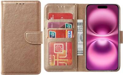 Hoesje Geschikt voor iPhone 16 – Arara bookcase met pasjeshouder - Goud