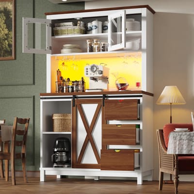 Modern hoge kast - met LED-verlichting en app-bediening - dressoir met laden - met schuifdeuren en drie laden - wit